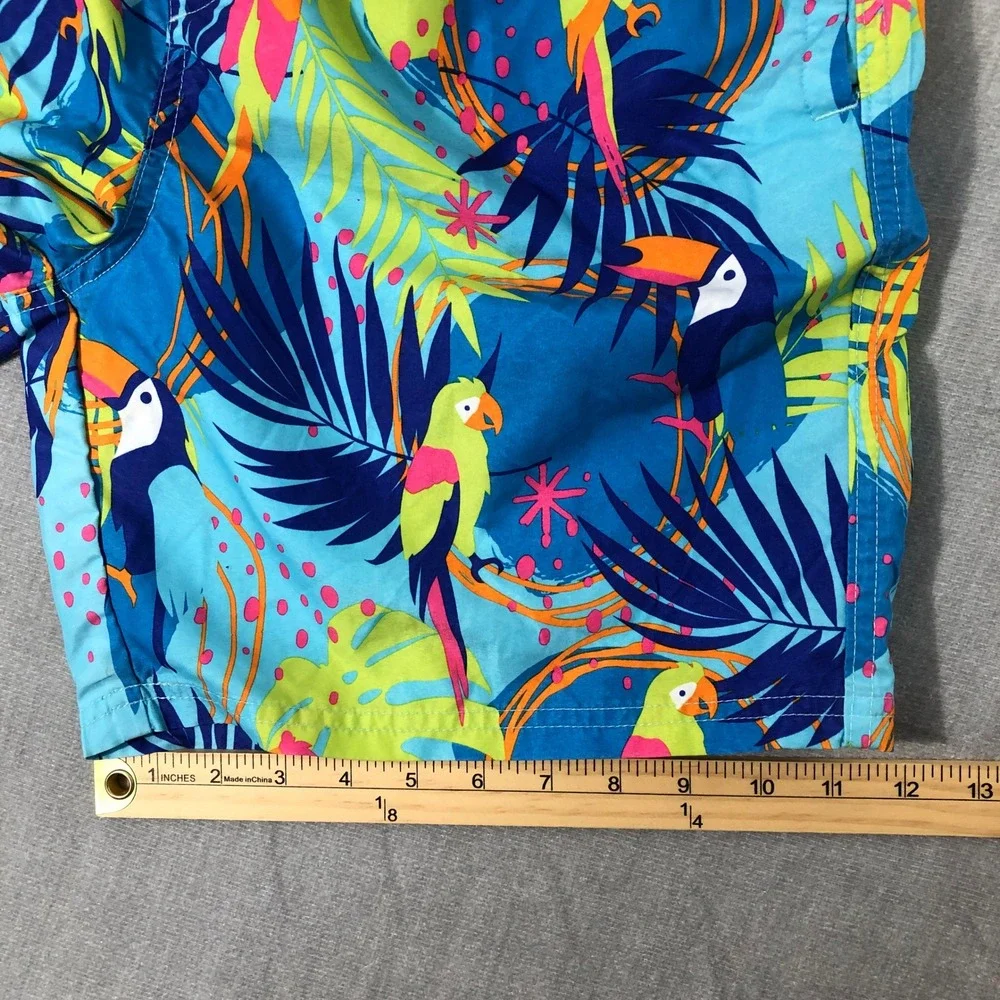 No Boundaries Swim Trunks Men's M 32-34 Blue Tropical Toucan Parrot Print Shorts